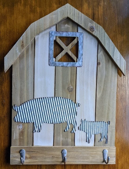 Rustic Pigs at Barn Wall Mounted 3 Hook Key Ring Holder / Coat Rack / Hat Hook