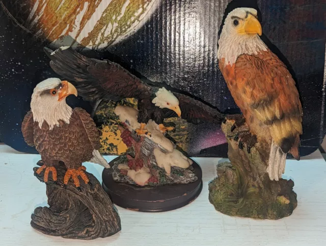 Lot Of Three American Pride Bald Eagles Bird Perching Tree Branch Statue Figures