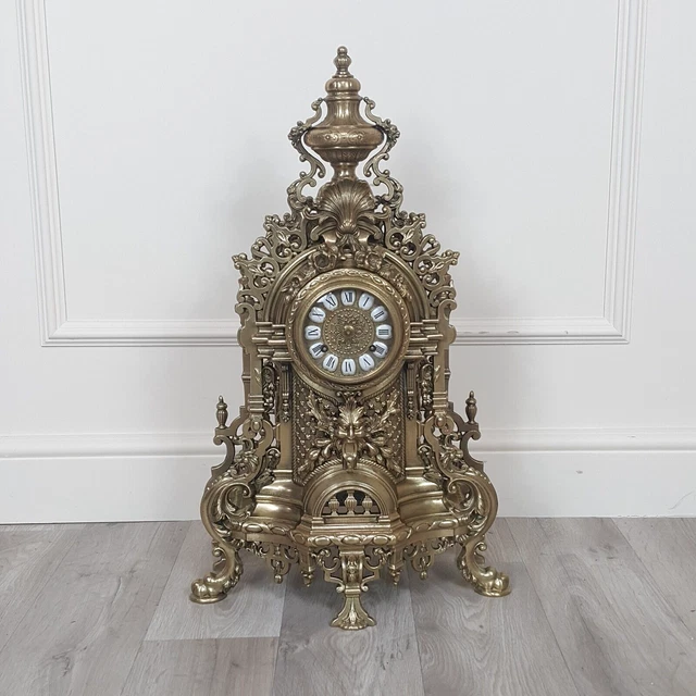 French Louis XIV Style Brass Gilt Mantel Clock - F256