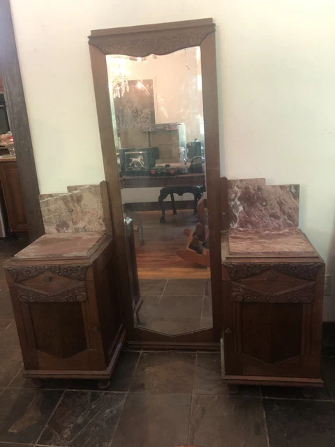1920’s Art Deco Pink Marble Vanity Antique 3 Piece Set - Tall Mirror End Tables