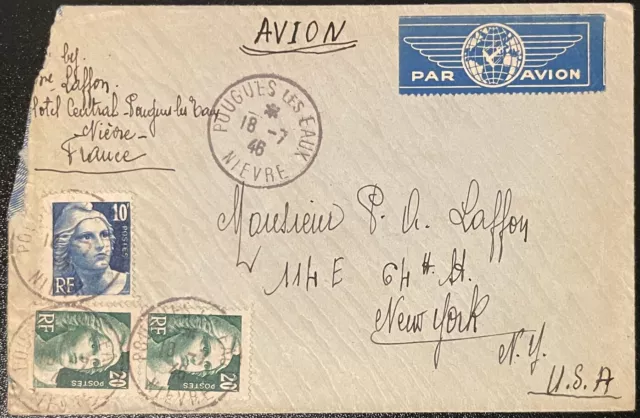 1946 France #549,#551(2) on cover, Pougues Les Eaux to US; faulty at left *d