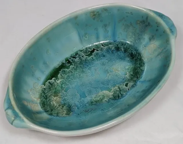 Edgecomb Potters Oval Dish 7” Studio Pottery Art Blue Green Crystalline Glaze
