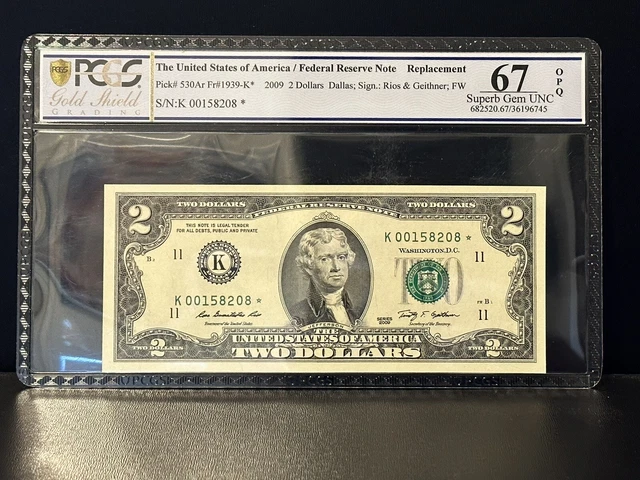 2009 $2 *Star Note* PCGS 67 OPQ Fr#1939K* (K Block) Federal Reserve Note