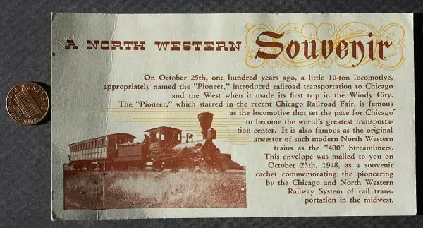 1948 North Western Railroad 100th Anniversary Pioneer Train postal souvenir card