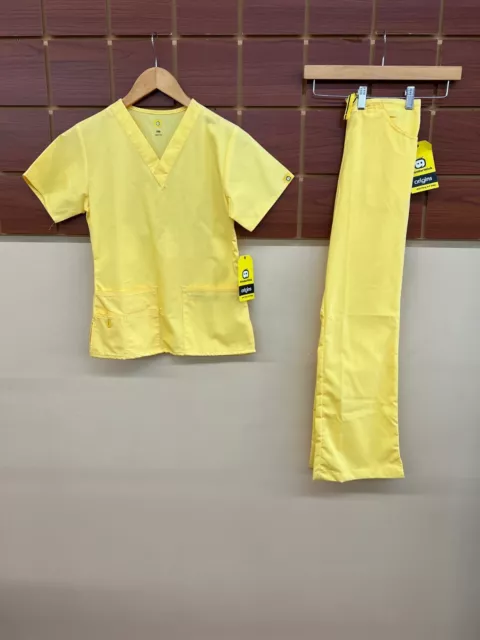 NEW WonderWink Yellow Solid Scrubs Set With XXS Top & XXS Pants NWT