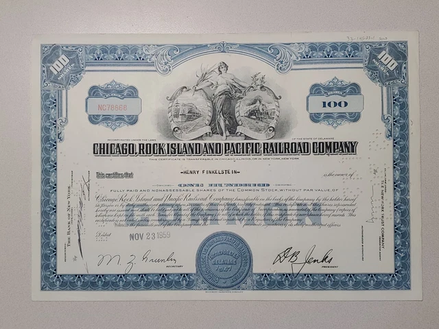 Chicago, Rock Island and Pacific Railroad Cancelled Stock Certificate