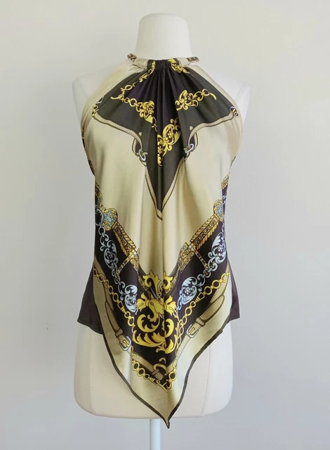 size XS Cache Y2K-Style Stretch-Silk Equestrian Scarf-Print Halter Top, Tie Back