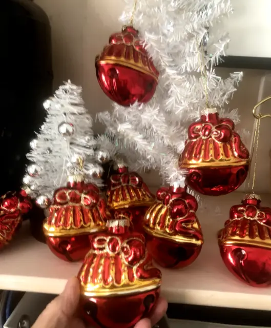 Vtg Set 8 Glossy RED Gold Jingle Bells MERCURY Blown GLASS XMAS ORNAMENTS BALLS