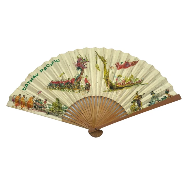 VTG Souvenir Chinese Cathay Pacific Airline Advertising Bamboo Paper Hand Fan 9"