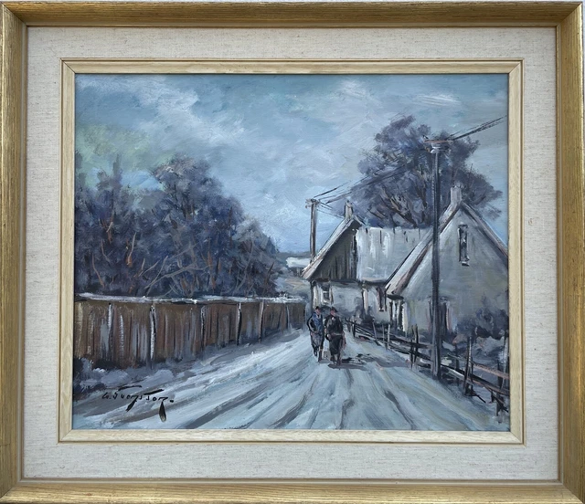 Göte Svensson 1926 Invernales Paisaje Mujeres Calle de Pueblo Casas Strommast