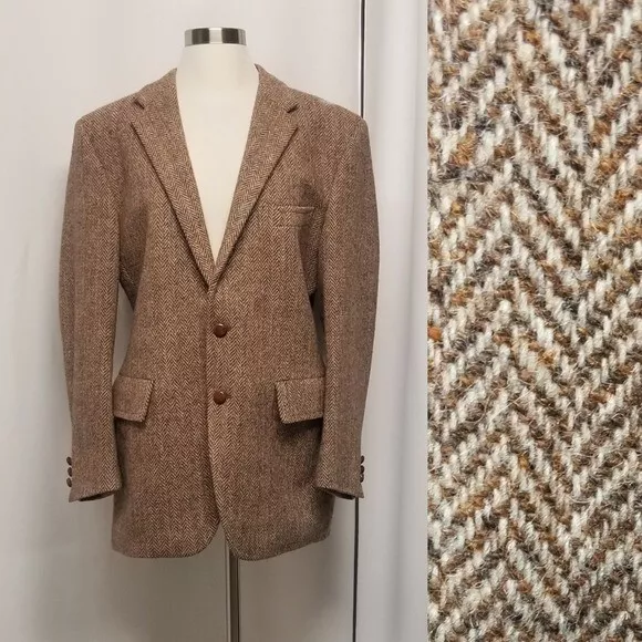 Vintage 80s Muldoons Harris Tweed Wool Blazer Sport Coat Brown Harringbone Md