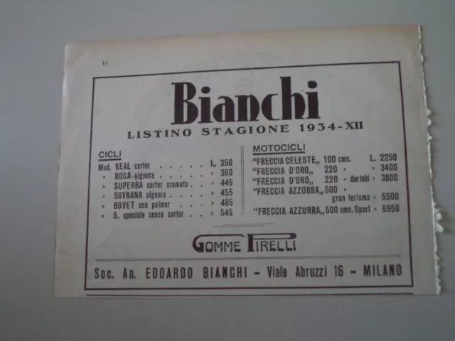 advertising Pubblicità 1934 BIANCHI FRECCIA CELESTE 100/D'ORO 220/AZZURRA 500