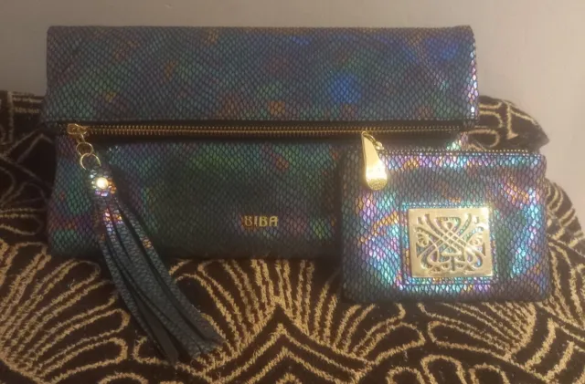 Biba 'Mermaid' Rainbow Iridescent Foldover Leather Clutch Bag & Coin Purse. WOW