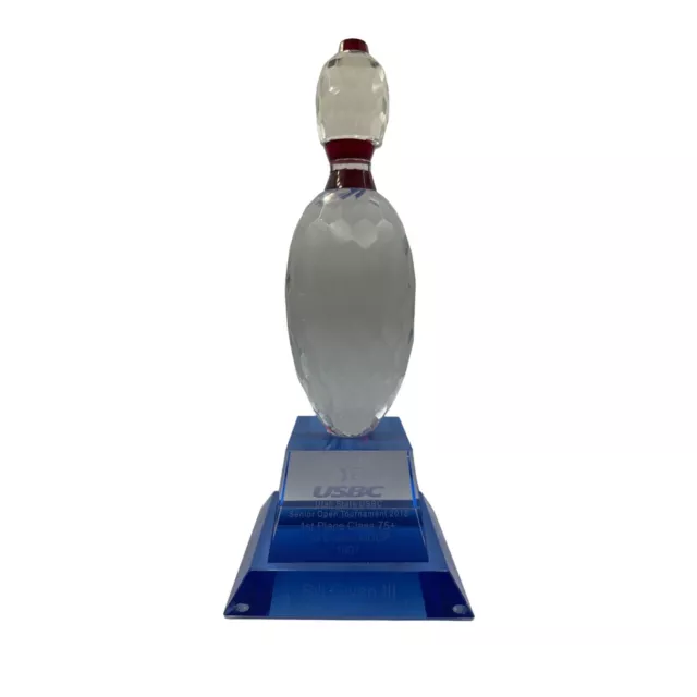 Large Crystal Bowling Pin Trophy Used  Red Blue Clear Heavy Inscribed