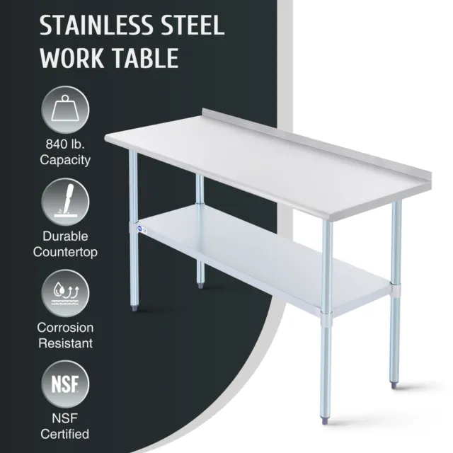 Stainless Steel Commercial Kitchen Table w Backsplash Adjustable Shelf 60"x24"