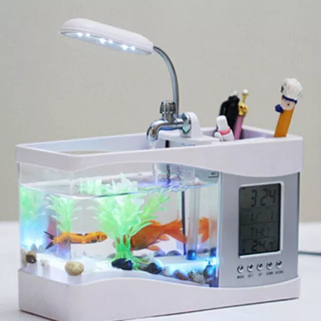 Mini Fish Tank LED Transparent Small Aquarium Office Desktop Decor Ornament