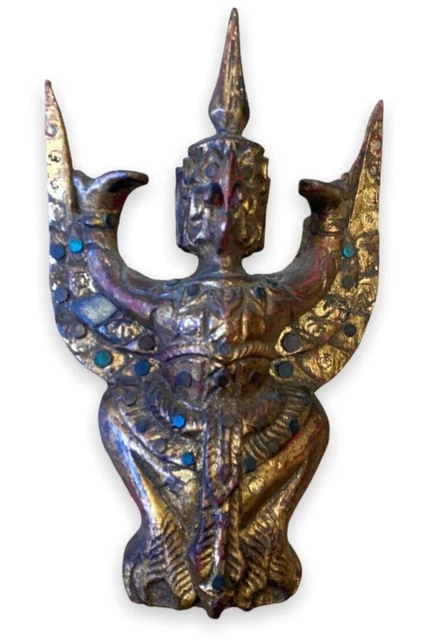 Antiguo Birmano Garuda Madera Dorada Vidrio Color Arte Asiático Decorativo Raro 20th