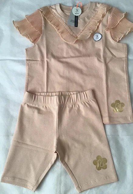 Set pantaloncini da ciclismo beige plissette River Island mini ragazze età 12-18 mesi nuovi con etichette