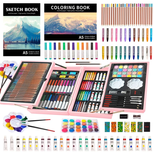 145 PCS Luxueux Valise Kit Dessin, Colore Art Set,Malette Inclus Pastel, Aquarelle, Peintures,Crayons Couleurs Etc,Idéal Cadeaux Pour Adulte Enfant,Rose