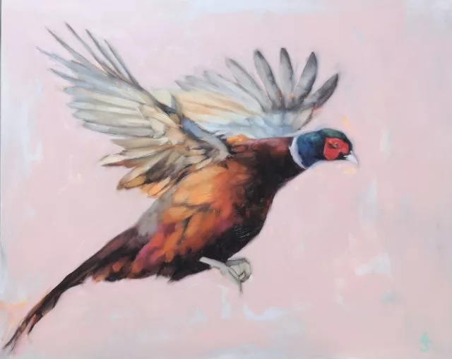 ORIGINAL Fasanenölgemälde - Moderner rosa Vogel, britische Wildtierkunst