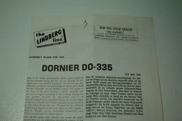 1/72ème PLAN DE MONTAGE POUR DORNIER DO-335  /  pour kit THE LINDBERG LINE N°438