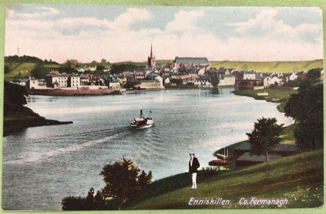 Enniskillen Co. Fermanagh Boat Town Vintage Ireland Postcard