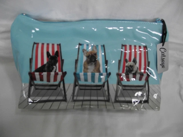 Trousse De Maquillage Ovale Catseye - Motif Bouledogues Français à La Plage - Imperméable PVC Bleu