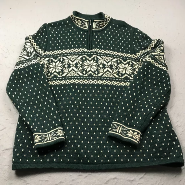 VINTAGE Lands End Sweater Womens Large Green 1/4 Zip Nordic Fair Isle Snowflake