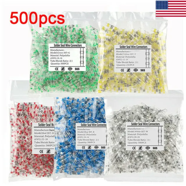 500PCS Solder Seal Sleeve Heat Shrink Butt Wire Connectors Terminals Waterproof