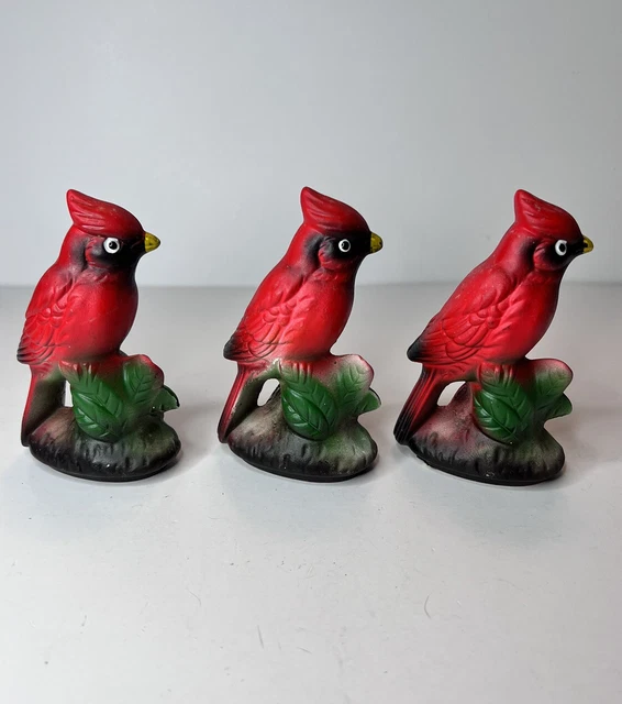 Lot Of 3 Inarco Japan Realistic Red Cardinals Song Birds W/Holly Small Figurines