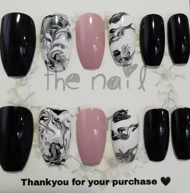 Hand Painted False Nails Coffin/Ballerina Short Full Cover 10 Nails 3 Sizes