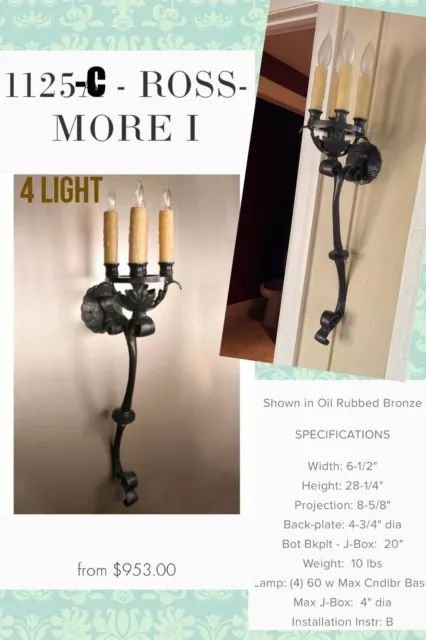 Wrought Iron Wall Sconce 20th Century 1125 C Wall 4 Light Fixture Winery   $953