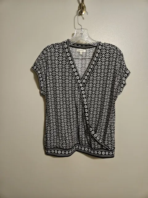 Max Studio Womens Black and White Print Faux Wrap Short Sleeve Blouse Size M