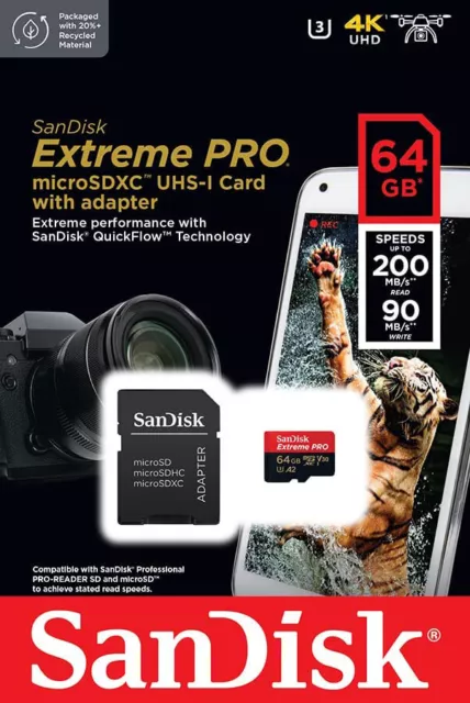 SanDisk 64GB Extreme PRO Micro SD SDHC SDXC Class 10 Memory Card 200MBs Mobile 3