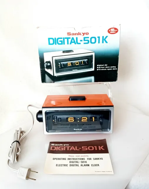 NEW▪︎VTG▪︎MCM▪︎SANKYO▪︎501 K▪︎ ORANGE Electric Digital FLIP Alarm CLOCK in BOX