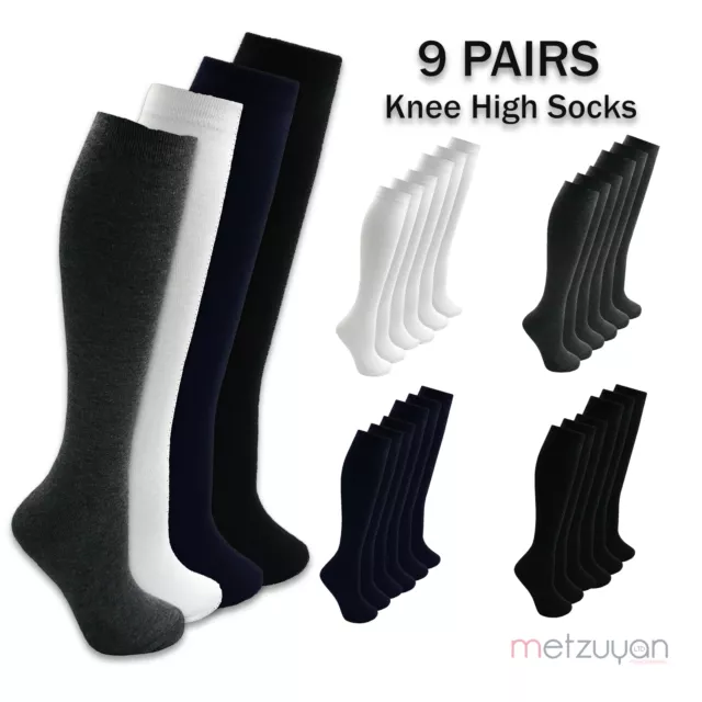 9 Pairs Kids Girls Knee High Socks Plain School Long Cotton Rich Grey Black Warm