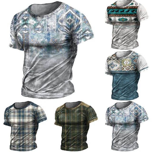 T-shirt uomo maniche corte con stampa a quadretti per abbigliamento sportivo cas