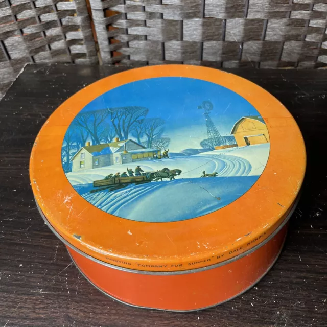 Vintage Fruit Cake Tin-"Company For Supper" By Dale Nichols Winter Scene Graphic Vintage Fruit Cake Tin-"Company For Supper" By Dale Nichols Winter Scene Graphic
