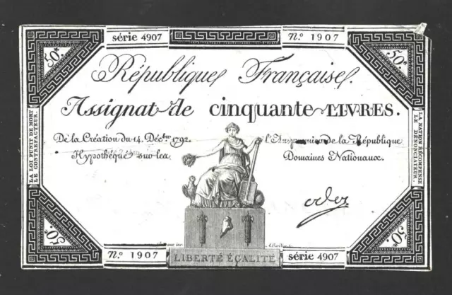50 Livres  Vg-  Banknote From France  1792  Pick-A72