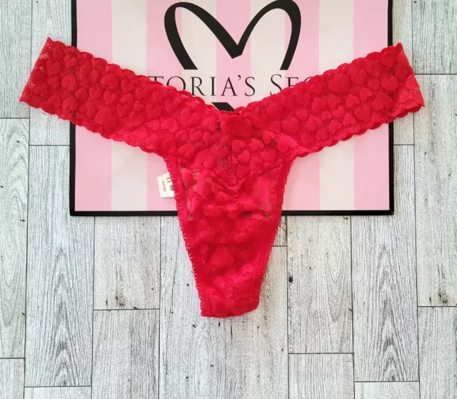 Victoria's Secret Pink Lace Rhinestones Heart THE LACIE Vintage OS Thong  Panties