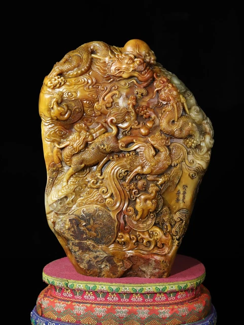 Chinese Exquisite Handmade Dragon carving Shoushan Stone Statue Seal