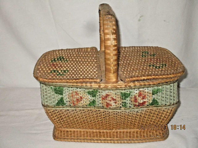 Grand Panier En Osier Vintage Années 70 – Tissu à Fleurs, état Top