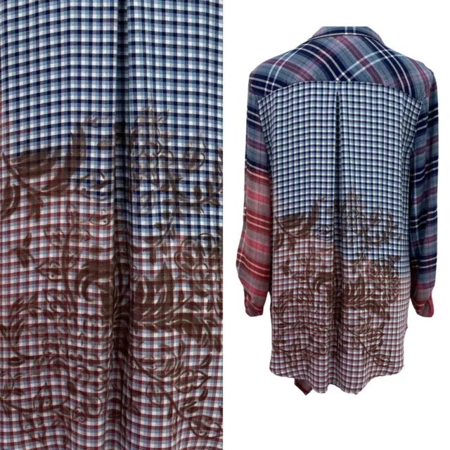 Peace & Pearls Womens Plaid Button Up Large Upcycled Bleach Ombre Stencil Collar