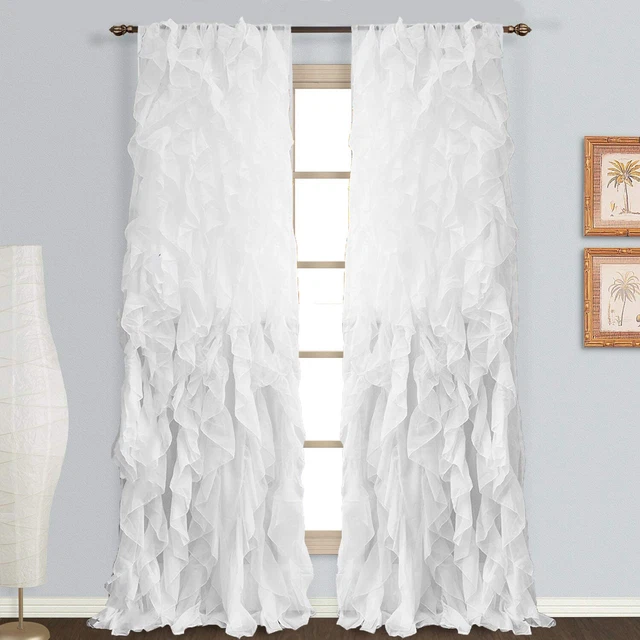 2Pc Vertical Ruffles Panel Voile Sheer Fabric, Rod Pocket Window Curtain Panels