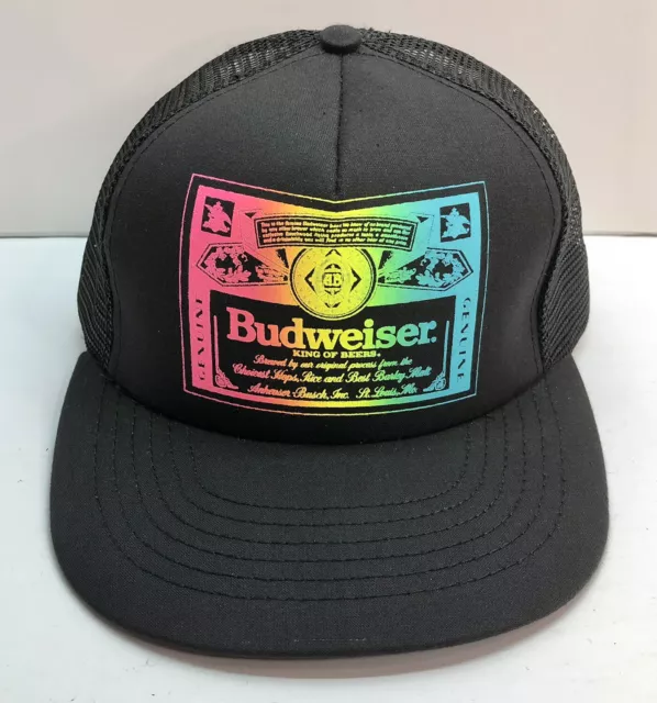 Budweiser Trucker Hat Beer Rainbow Label Logo Mesh Black Snapback Cap USA VTG