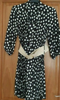 Zara Black/White Pleated Polka Dot Dress With Belt Size M