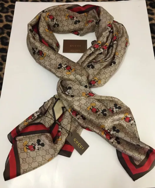 NWT GUCCI MICKEY Mouse Logo 100% Silk Scarf Authentic With Box