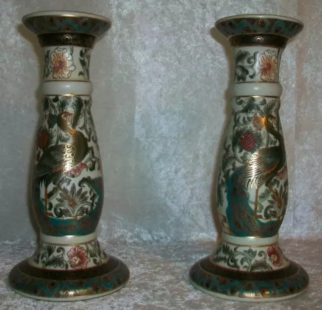 Vintage Chinese Porcelain Green Floral Peacock Bird Pillar Candle Holders Pair