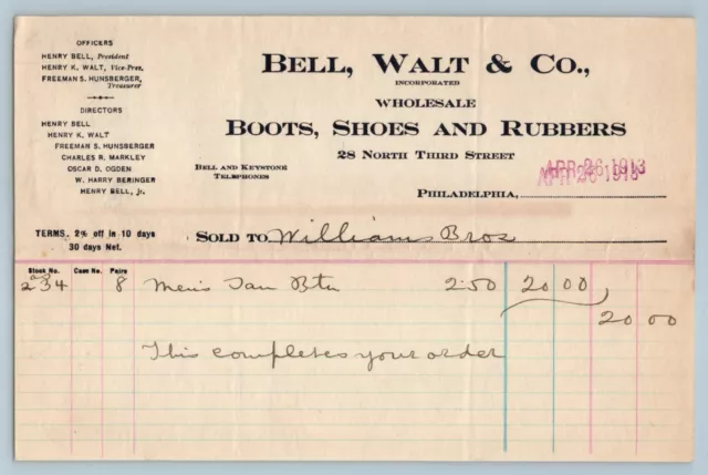 Ephemera BILLHEAD RECEIPT Bell Walt & Co Boots Shoes April 26 1913 Philadelphia