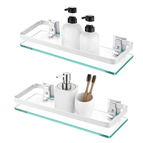 Bathroom Glass Shelf Aluminum Tempered Glass 8MM Extra Thick 2 Pack Rectangul...